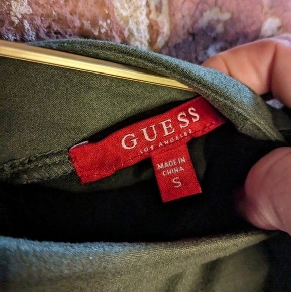 Guess‎ Small Olive Green Fitted Dress w/ a Faux Wrap Skirt & Ruching - Picture 5 of 12